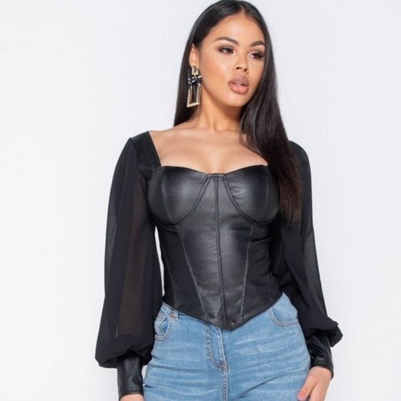 Tops - Black Vegan Leather Faux Leather Long Sleeve Bustier Top